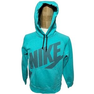 Nike Hoodie Mens Medium Teal Blue Pullover Graphic Logo Fleece Sweatshirt